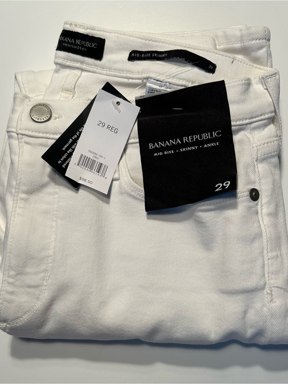 NWT Banana Republic Women’s White Skinny Jeans Ankle Stretch Mid Size 29 X 27